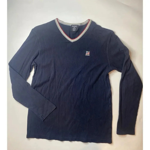 Vintage Polo Jeans Co Mens XL Shirt Y2K Ribbed Embroidered Logo Navy USA - Picture 1 of 6